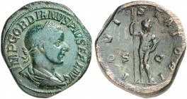 RÖMISCHE MÜNZEN. RÖMISCHE KAISERZEIT. Gordianus III. , 238 - 244. 
Sesterz. Rev. Stehender Iuppiter.
RIC 299a; C. 116 23,19 g grüne Patina, Rev. geg...