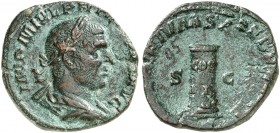RÖMISCHE MÜNZEN. RÖMISCHE KAISERZEIT. Philippus I. Arabs, 244 - 249. 
Sesterz. Rev. Säule.
RIC 157a; C. 95 12,62 g grüne Patina, Rev. kl. Tuschezahl...