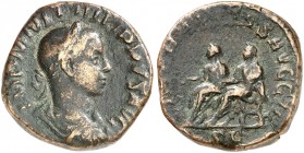 RÖMISCHE MÜNZEN. RÖMISCHE KAISERZEIT. Philippus II. Augustus, 247 - 249. 
Sesterz. Rev. Philippus I. und Philippus II. auf kurulischen Stühlen.
RIC ...
