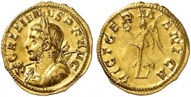 RÖMISCHE MÜNZEN. RÖMISCHE KAISERZEIT. Gallienus, 253 - 268. 
Goldquinar oder reduzierter Aureus, Köln. Büste mit Speer und Schild n. links, die Legen...