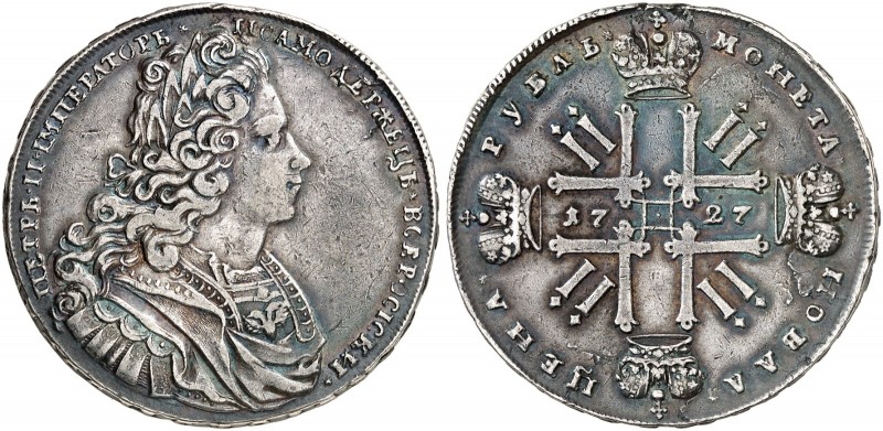 EUROPA. RUSSLAND. Peter II., 1727-1730. 
Rubel 1727, Moskau.
Dav. 1667, Uzd. 6...