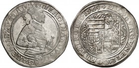 Erzherzog Ferdinand I., 1564-1595. 
Guldentaler zu 60 Kreuzer 1569, Mühlau.
Dav. 52, Voglh. 90 / III, M. / T. 200 min. Sfr., ss