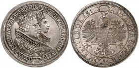 Erzherzog Leopold V., 1619-1632. 
Doppeltaler o. J. (1635), Hall, auf seine Vermählung mit Claudia von Medici.
Dav. 3331, M. / T. 487 kl. Kr., f. vz...