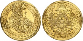 Karl VI., 1711-1740. 
3 Dukaten 1719 (aus 1717), Breslau.
Friedb. 3701 (nicht 1719), Her. -, F. u. S. 860 (Doppeldukat)
Gold, RRRR ! unediert ? min...