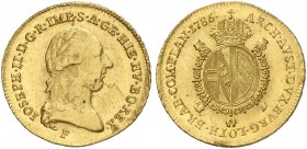 Joseph II., 1765-1790. 
1/2 Souverain d'or 1786, Hall.
Friedb. 445, Her. 106, M. / T. 1335 Gold kl. Sfr., vz