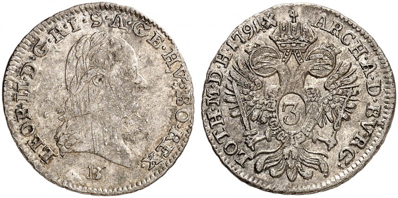 Leopold II., 1790-1792. 
3 Kreuzer 1791, Kremnitz.
Her. 86, Huszár 1918 R ! un...