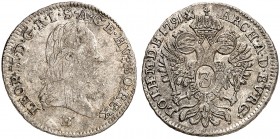 Leopold II., 1790-1792. 
3 Kreuzer 1791, Kremnitz.
Her. 86, Huszár 1918 R ! unebener Schrötling, kl. Kr., ss - vz