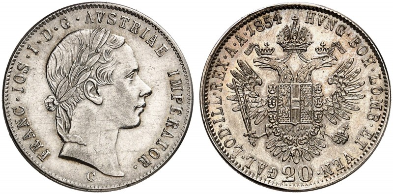 Franz Joseph I., 1848-1916. 
20 Kreuzer 1854, Prag.
Her. 681 vz - St