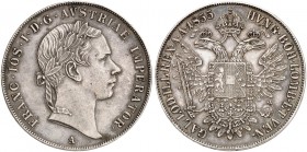 Franz Joseph I., 1848-1916. 
Taler 1855, Wien.
Dav. 17, Voglh. 318, Her. 427 schöne Patina, winz. Druckstellen, vz