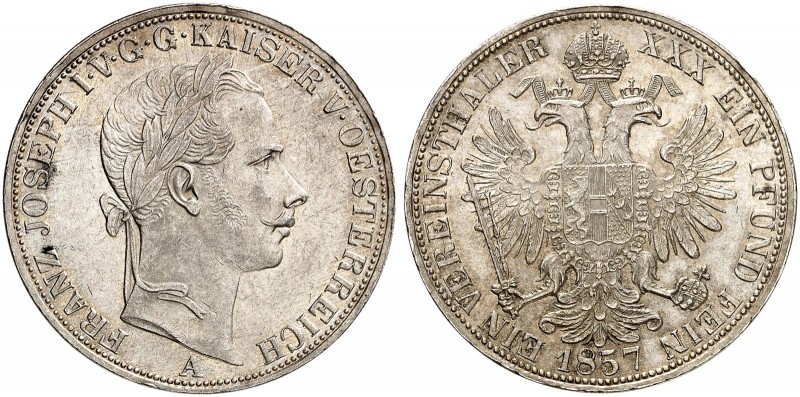 Franz Joseph I., 1848-1916. 
Vereinstaler 1857, Wien.
Thun 445, Dav. 21, Her. ...