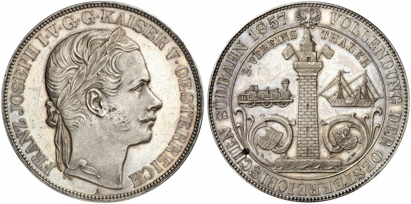 Franz Joseph I., 1848-1916. 
Doppeltaler 1857, Wien, auf die Vollendung der Süd...