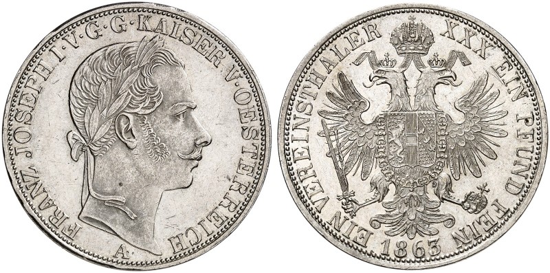 Franz Joseph I., 1848-1916. 
Vereinstaler 1863, Wien.
Thun 445, Dav. 21, Her. ...