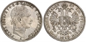 Franz Joseph I., 1848-1916. 
Vereinsdoppeltaler 1865, Wien.
Thun 459, Dav. 23, Her. 416 min. Rdf., f. Kr., vz