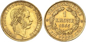 Franz Joseph I., 1848-1916. 
1 Krone 1866, Wien.
Friedb. 497, D. S. 264, Her. 220, Schlumb. 419 Gold Hksp., ss