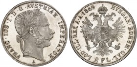 Franz Joseph I., 1848-1916. 
Doppelgulden 1869, Wien.
Thun 457, Dav. 27, Her. 497 mit polierten Stempeln geprägt, winz. Kr., EA