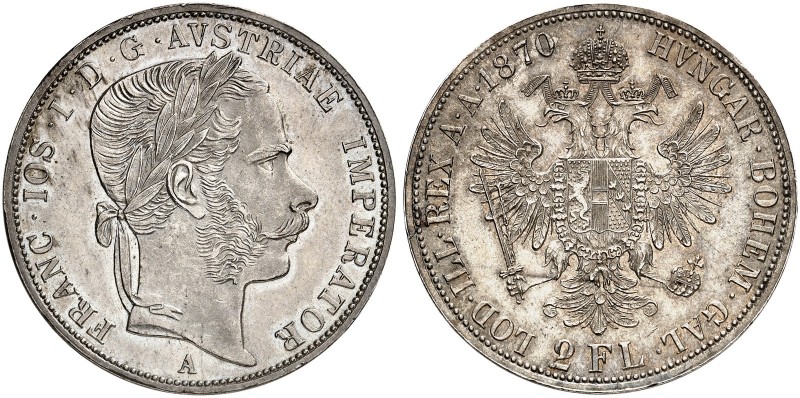 Franz Joseph I., 1848-1916. 
Doppelgulden 1870, Wien.
Thun 457, Dav. 27, Her. ...