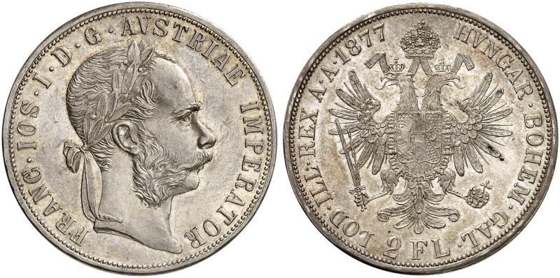 Franz Joseph I., 1848-1916. 
Doppelgulden 1877, Wien.
Thun 458, Dav. 27, Her. ...