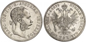Franz Joseph I., 1848-1916. 
Doppelgulden 1879, Wien.
Thun 458, Dav. 27, Her. 508 kl. Kr., vz