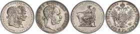Franz Joseph I., 1848-1916. 
Lot von 2 Stück: Doppelgulden 1879, Wien, Silberhochzeit, 1889.
Thun 464, 458, Dav. 31, 27, Her. 824, 518 vz, ss