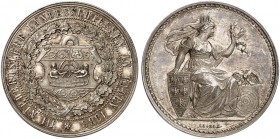 Franz Joseph I., 1848-1916. 
Silbermedaille 1883 (von F. Leisek, 33,6 mm), auf das III. Niederösterreichische Landesschießen in Baden/ Wien. Stadtwap...