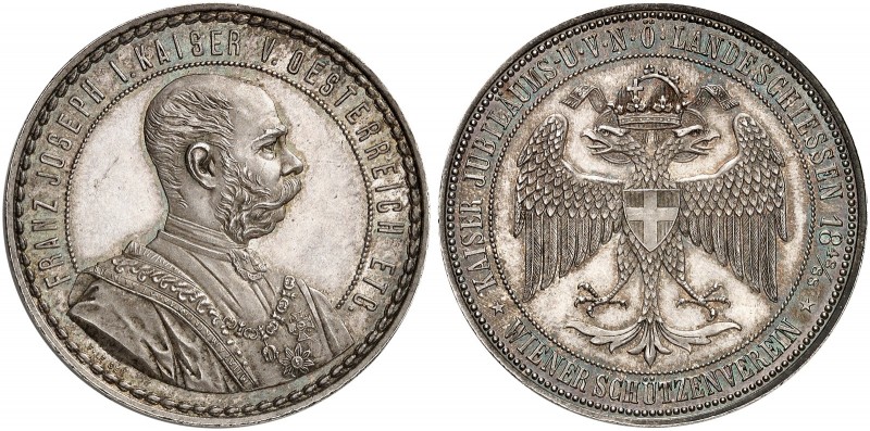 Franz Joseph I., 1848-1916. 
Doppelguldenförmige Silbermedaille 1888 (von F. Le...