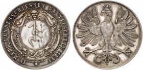 Franz Joseph I., 1848-1916. 
Silbermedaille 1891 (von Christlbauer, 36,4 mm), auf das IV. Mährische Landesschießen in Neu­titschein. Stadtwappen / Mä...