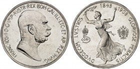 Franz Joseph I., 1848-1916. 
5 Kronen 1908, Wien, auf das 60-jährige Regierungsjubiläum.
Dav. 35, Her. 771 mit polierten Stempeln geprägt, winz. Kr....