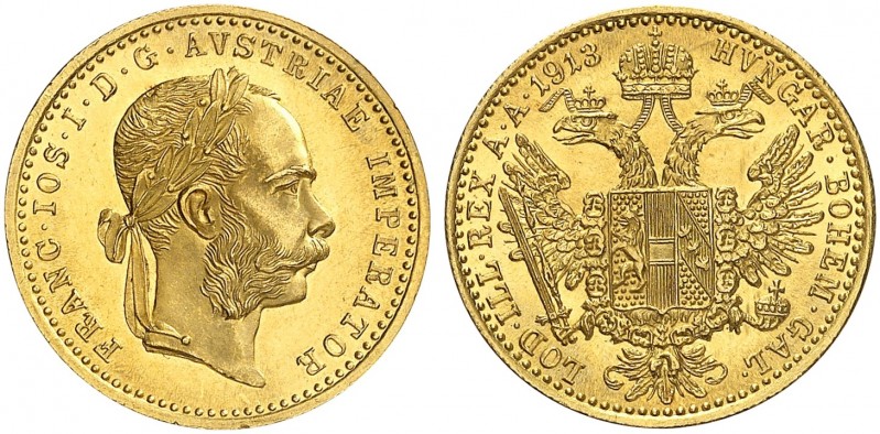 Franz Joseph I., 1848-1916. 
Dukat 1913, Wien.
Friedb. 493, Her. 182, Schlumb....