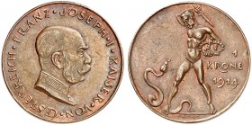 Franz Joseph I., 1848-1916. 
1 Krone 1914 (unsigniert, von K. Goetz, 22,7 mm, 3,4 g), Kupferprobe.
Her. 1146, Kienast 79 R ! vz