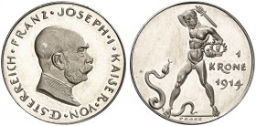 Franz Joseph I., 1848-1916. 
1 Krone 1914 (unsigniert, von K. Goetz, 22,6 mm, 5,4 g), Silberprobe.
Her. 1146 (Kupfer), Kienast 79 RR ! vz - St
