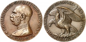 Franz Joseph I., 1848-1916. 
Bronzegußmedaille 1914 (von K. Goetz, 83,5 mm), auf die österreichische Mobilmachung. Brustbild n. links / Zweiköpfiger ...
