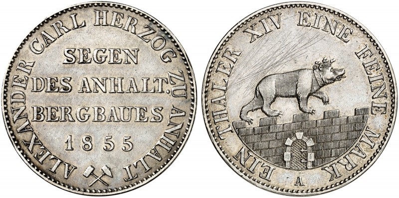 ANHALT - BERNBURG. Alexander Carl, 1834-1863. 
Ausbeutetaler 1855 A.
Thun 3, A...