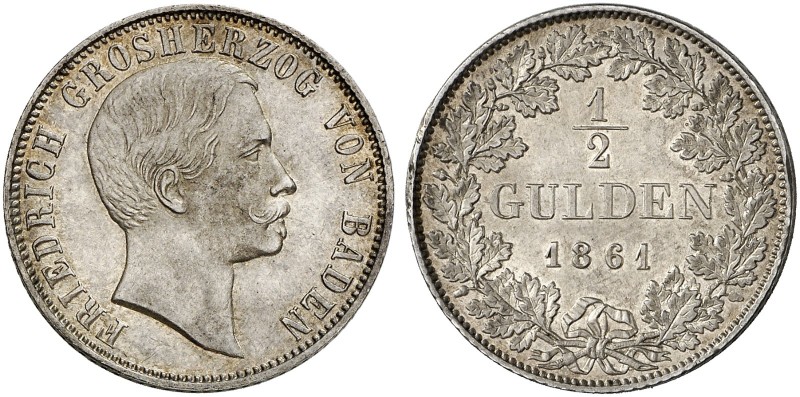 BADEN - DURLACH. Friedrich I., als Großherzog, 1856-1907. 
1/2 Gulden 1861.
AK...