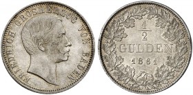 BADEN - DURLACH. Friedrich I., als Großherzog, 1856-1907. 
1/2 Gulden 1861.
AKS 127, J. 75b kl. Rdf., prfr