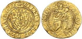 BAYERN. Wilhelm IV. und Ludwig X., 1516-1545. 
Goldgulden 1532.
Friedb. 181, Witt. 239, Hahn 30 Gold, RRRR ! l. gewellt, kl. Rdf., ss