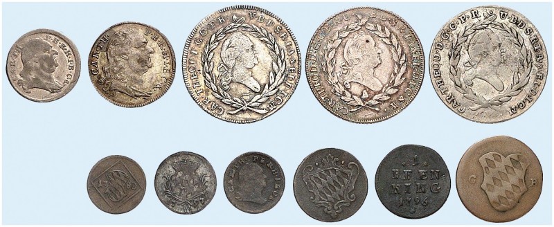 BAYERN. Karl Theodor, 1777-1799. 
Lot von 12 Stück: 1 Heller 1780, 1798, 20 Kre...