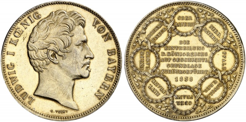 BAYERN. Ludwig I., 1825-1848. 
Geschichtsdoppeltaler 1838, "EINTHEILUNG DES KÖN...