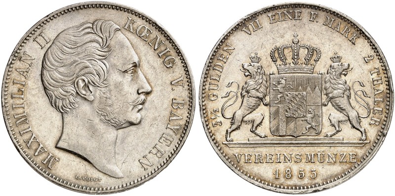 BAYERN. Maximilian II. Joseph, 1848-1864. 
Doppeltaler 1855.
Thun 91, AKS 146,...