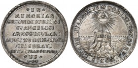FRANKFURT. - Stadt. 
1/2 Taler 1717, auf die 200-Jahrfeier der Reformation.
J. u. F. 696, Slg. Whiting 171 kl. Sfr. am Rand, vz