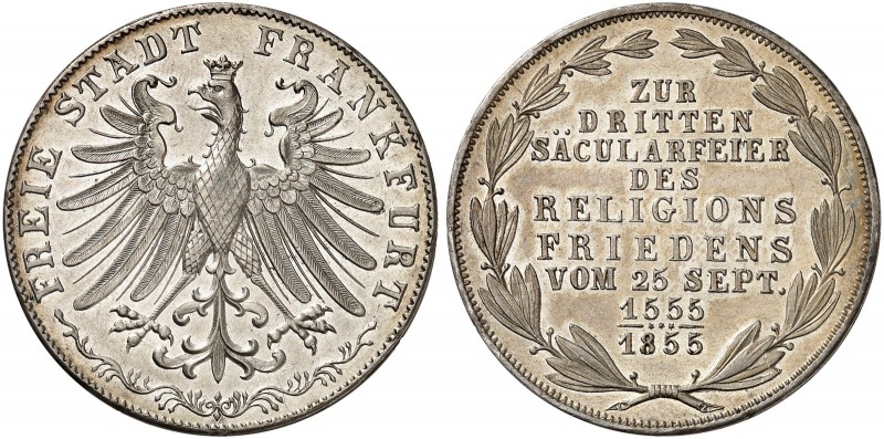 FRANKFURT. - Stadt. 
Doppelgulden 1855, "RELIGIONSFRIEDEN".
Thun 138, AKS 42, ...