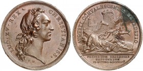 FREIBURG. - Stadt. 
Bronzemedaille 1744 (von F. Marteau, 41,6 mm), auf die Einnahme der Stadt durch die Franzosen. Büste von Ludwig XV. / Stadtgöttin...