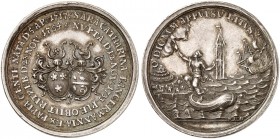 HAMBURG. - Stadt. 
Silbermedaille 1754 (von P. H. Goedecke, 35,9 mm), auf den Tod von Sara Catharina Langemann. Zwei Familienwappen / Hand aus Wolke ...