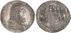 HANAU - LICHTENBERG. Friedrich Casimir, 1641-1685. 
Taler 1680, Hanau.
Dav. 6703, Suchier 478 RRRR ! kl. Sfr., l. justiert, f. vz

Exemplar der Sa...