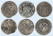 HANAU - MÜNZENBERG. Katharina Belgica, Vormünderin für Philipp Moritz, 1612-1626. 
Lot von 6 Stück: 3 Kreuzer 1614 (3x), 1617, 1618, 1619, Hanau, mit...
