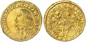HESSEN - DARMSTADT. Georg II., 1626-1661. 
Dukat 1656.
Friedb. 1192, Schütz 2744 Gold, RRR ! l. gewellt, ss