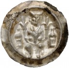 HILDESHEIM. - Bistum. Konrad II. oder Heinrich I. oder Johann I., 1240-1260. 
Brakteat. Sitzender Bischof mit zwei Lilienzeptern zwischen zwei Kuppel...