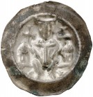 HILDESHEIM. - Bistum. Konrad II. oder Heinrich I. oder Johann I., 1240-1260. 
Brakteat. Sitzender Bischof mit zwei Kreuzstäben zwischen zwei Türmen....