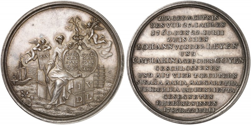 KREFELD. - Stadt. 
Silbermedaille 1785 (von J. L. Oexlein, 45,8 mm), auf die Si...