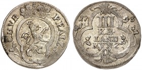 PFALZ. - Kurlinie zu Sulzbach. Karl Theodor, 1743-1799. 
3 Kreuzer 1743, Mannheim.
Slg. Noss 450, Slg. Memmesh. - RR ! ss - vz