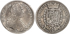 PFALZ. - Kurlinie zu Sulzbach. Karl Theodor, 1743-1799. 
2/3 Taler 1748, Mannheim, Feinsilber, Ausbeute der Wildberger Gruben.
Dav. 749, Slg. Noss 4...